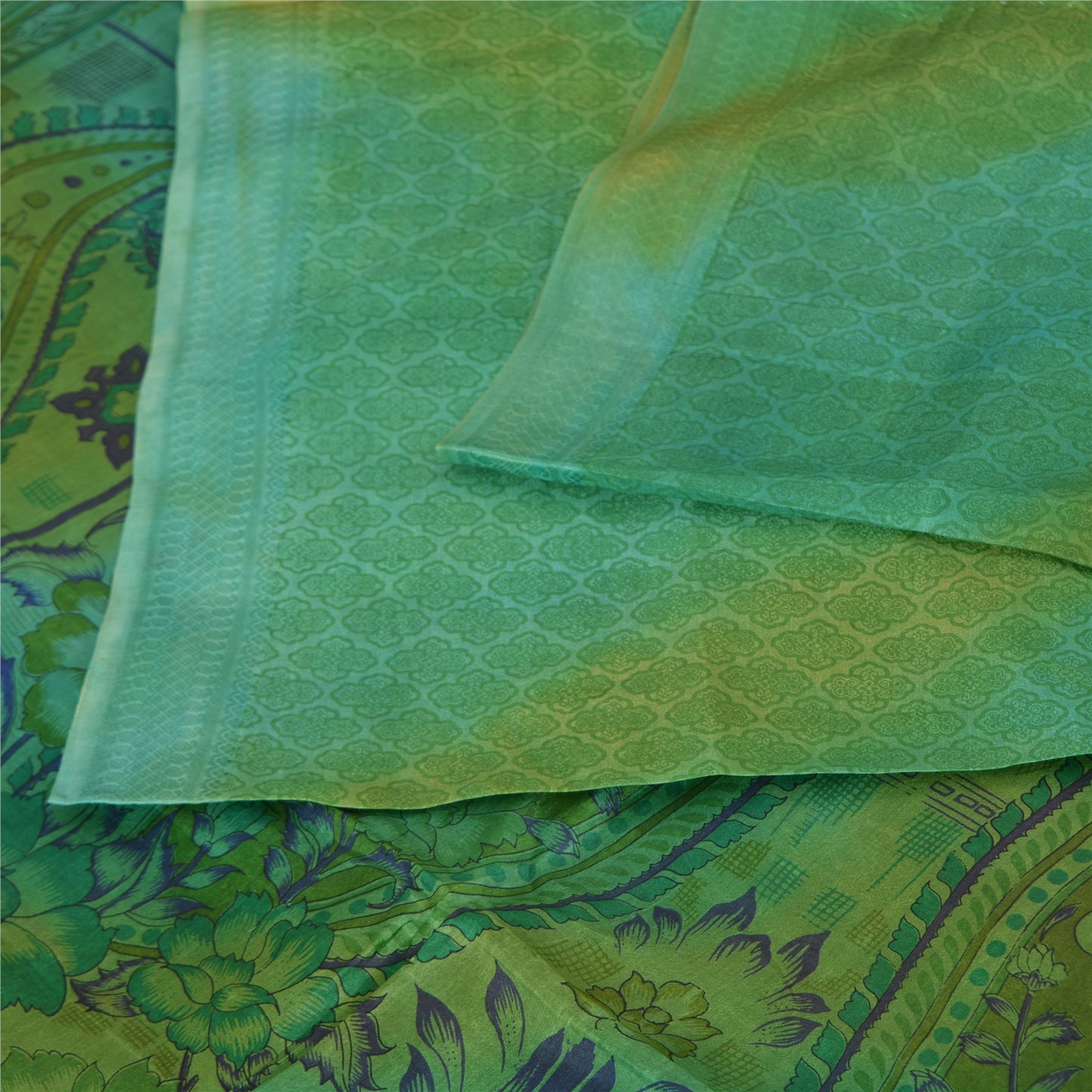 Sanskriti Vintage Sarees Green 100% Pure Silk Printed Sari 5yd Soft Craft Fabric