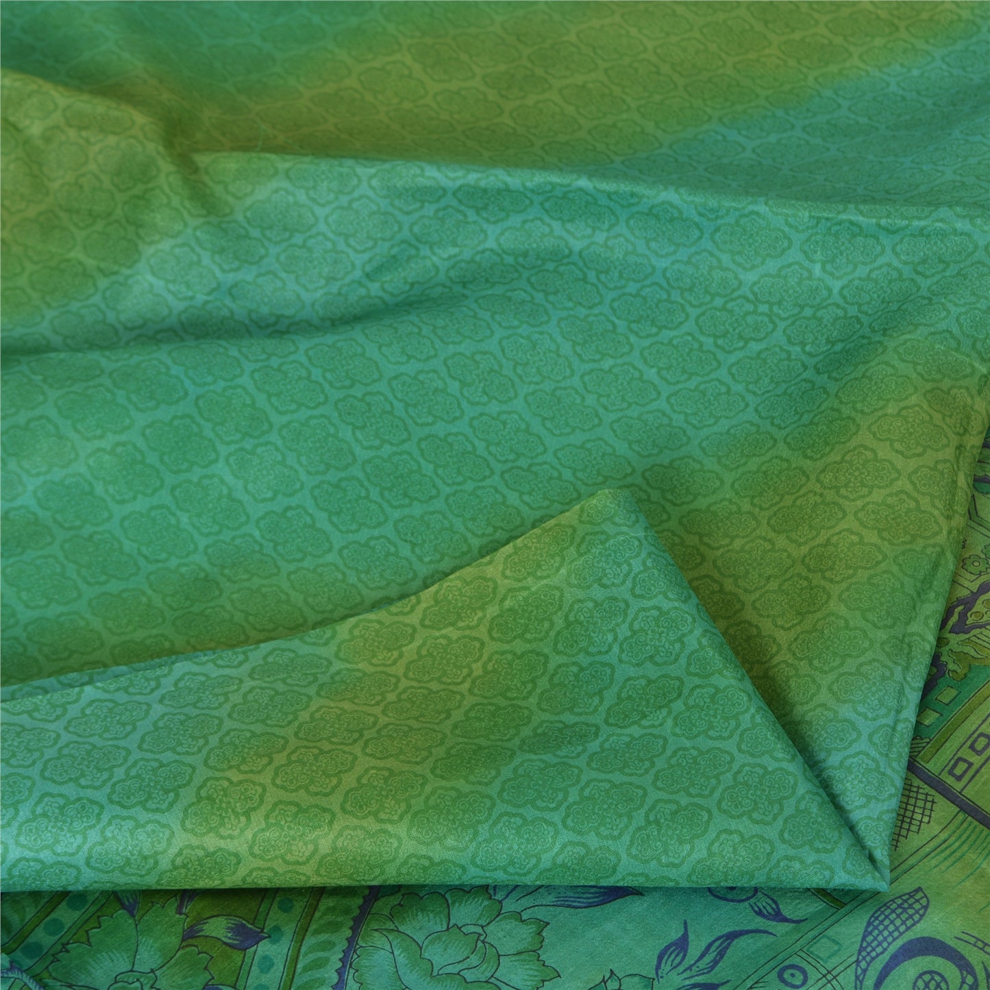 Sanskriti Vintage Sarees Green 100% Pure Silk Printed Sari 5yd Soft Craft Fabric