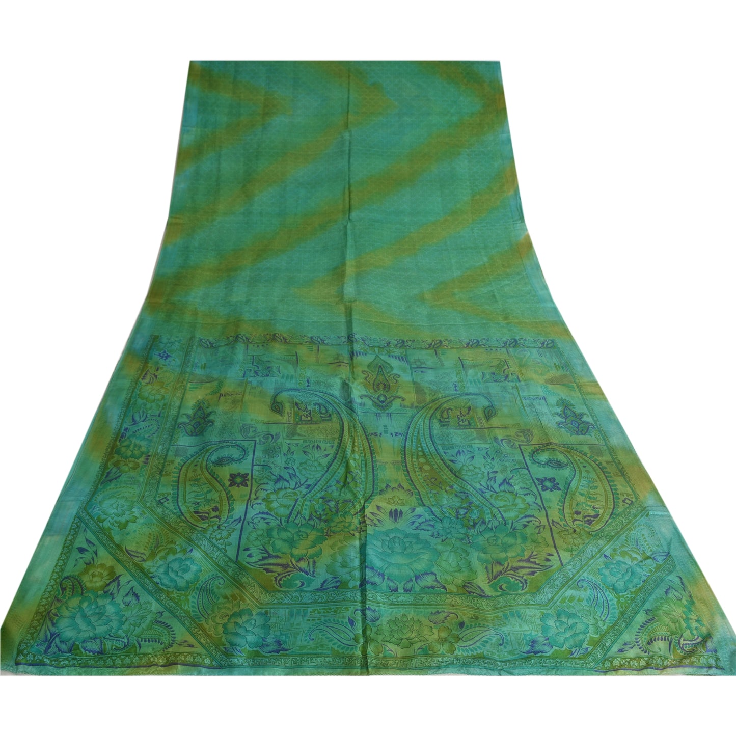 Sanskriti Vintage Sarees Green 100% Pure Silk Printed Sari 5yd Soft Craft Fabric