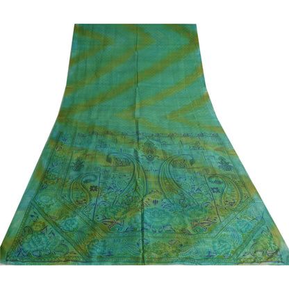 Sanskriti Vintage Sarees Green 100% Pure Silk Printed Sari 5yd Soft Craft Fabric