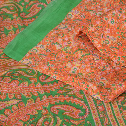 Sanskriti Vintage Sarees Orange/Green Pure Silk Printed Sari 5yd Craft Fabric