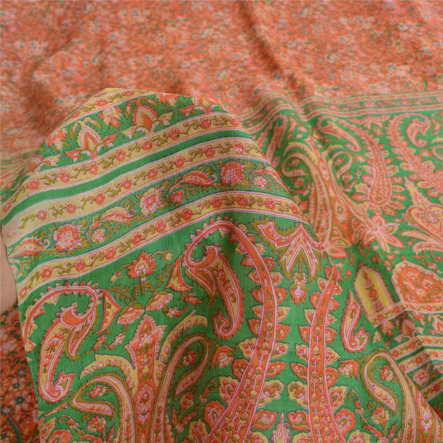 Sanskriti Vintage Sarees Orange/Green Pure Silk Printed Sari 5yd Craft Fabric