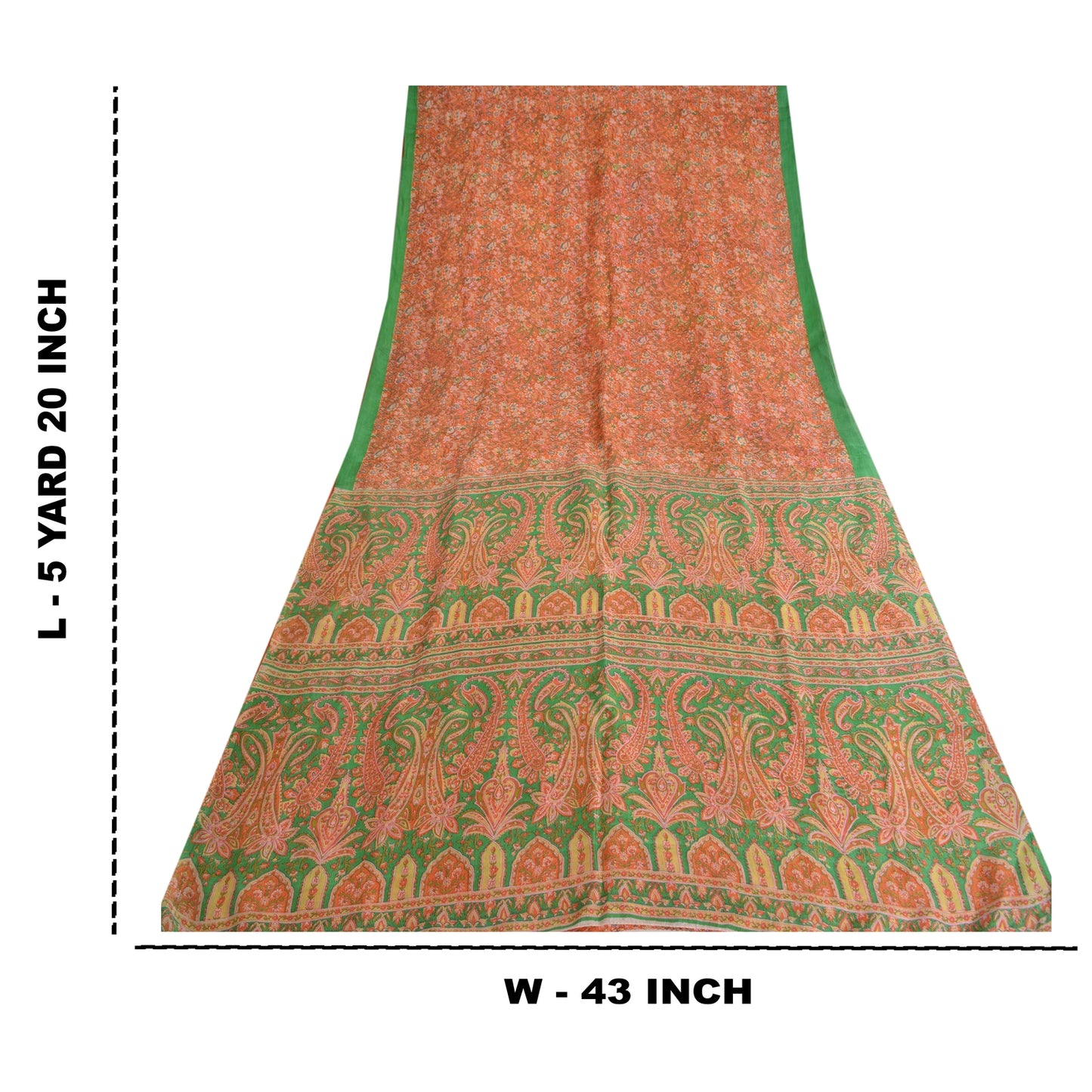 Sanskriti Vintage Sarees Orange/Green Pure Silk Printed Sari 5yd Craft Fabric