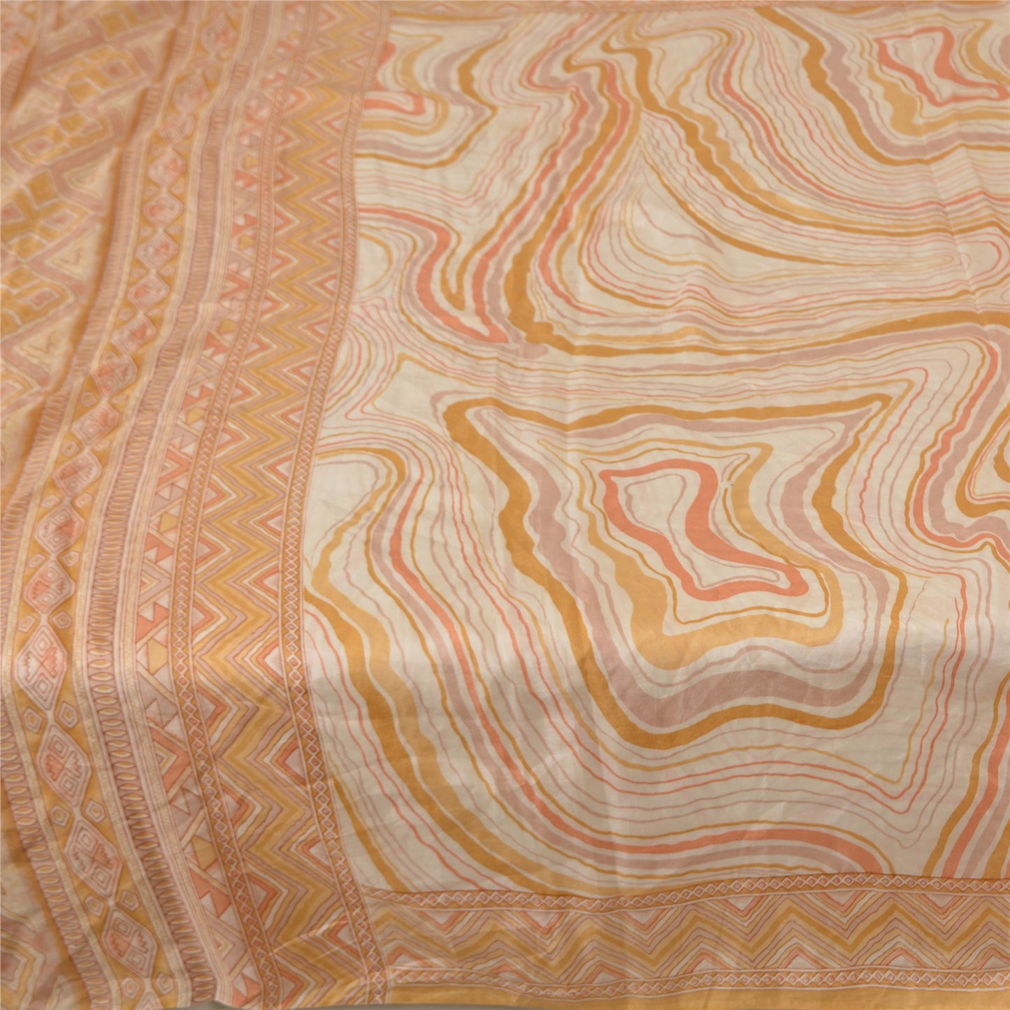 Sanskriti Vintage Sarees Indian Ivory Pure Silk Printed Sari 5yd Craft Fabric