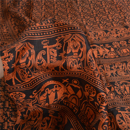 Sanskriti Vintage Sarees Black/Orange Pure Silk Printed Sari 5yd Craft Fabric