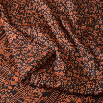 Sanskriti Vintage Sarees Black/Orange Pure Silk Printed Sari 5yd Craft Fabric