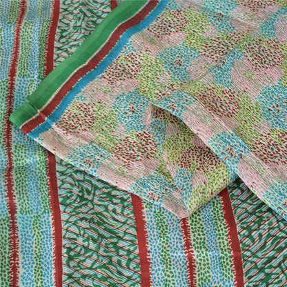 Sanskriti Vintage Sarees Indian Multi Pure Silk Printed Sari 5yd Craft Fabric