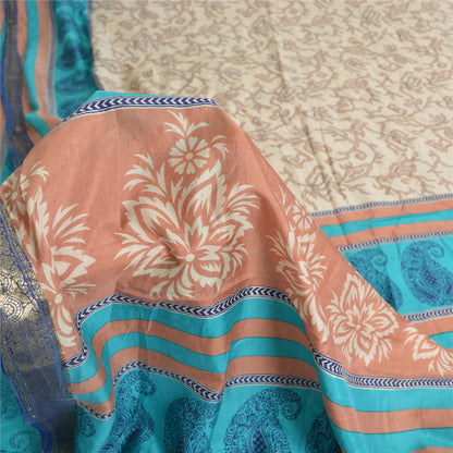 Sanskriti Vintage Sarees Indian Ivory 100% Pure Silk Printed Sari Craft Fabric