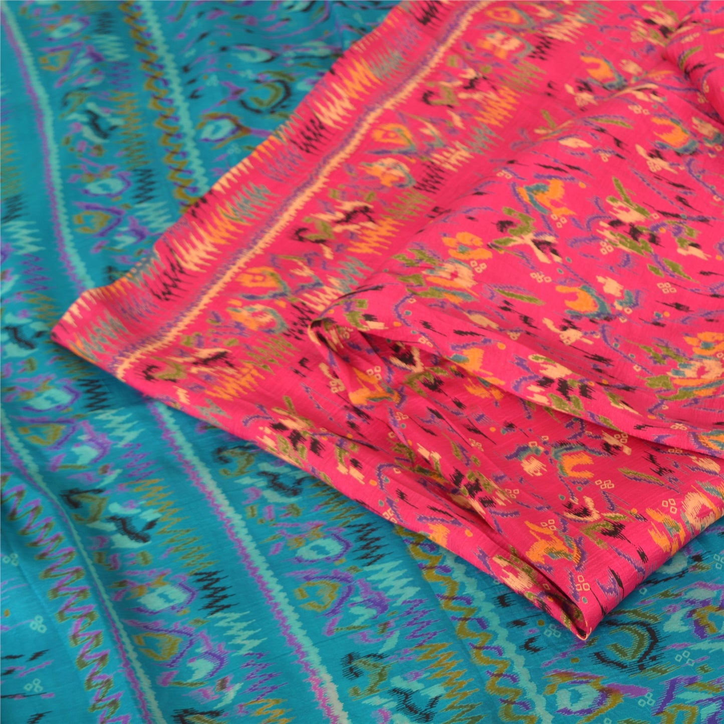 Sanskriti Vintage Sarees Indian Pink/Blue Pure Silk Printed Sari Craft Fabric