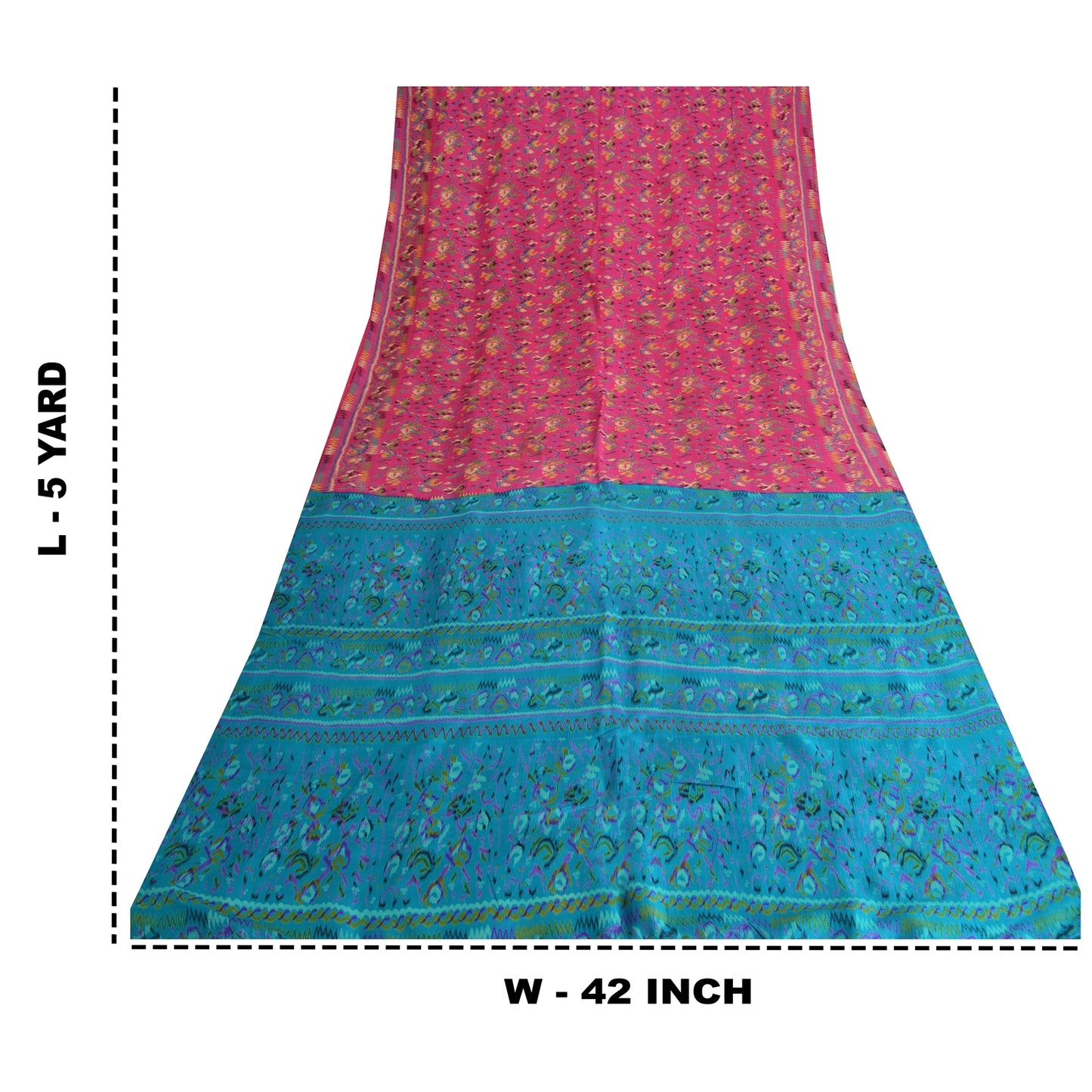 Sanskriti Vintage Sarees Indian Pink/Blue Pure Silk Printed Sari Craft Fabric