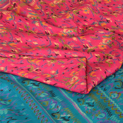 Sanskriti Vintage Sarees Indian Pink/Blue Pure Silk Printed Sari Craft Fabric