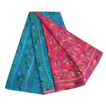 Sanskriti Vintage Sarees Indian Pink/Blue Pure Silk Printed Sari Craft Fabric