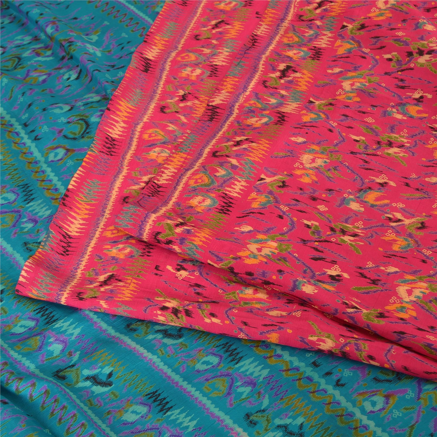 Sanskriti Vintage Sarees Indian Pink/Blue Pure Silk Printed Sari Craft Fabric