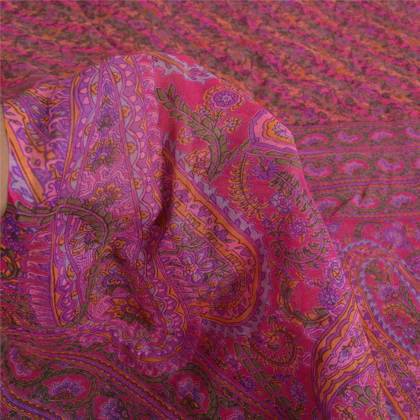 Sanskriti Vintage Sarees Indian Hot-Pink Pure Silk Printed Sari 5yd Craft Fabric