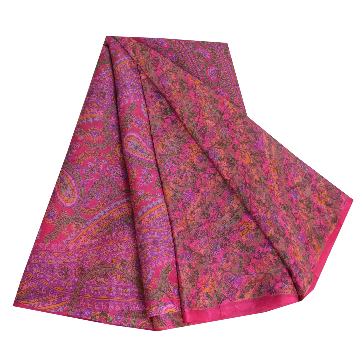 Sanskriti Vintage Sarees Indian Hot-Pink Pure Silk Printed Sari 5yd Craft Fabric