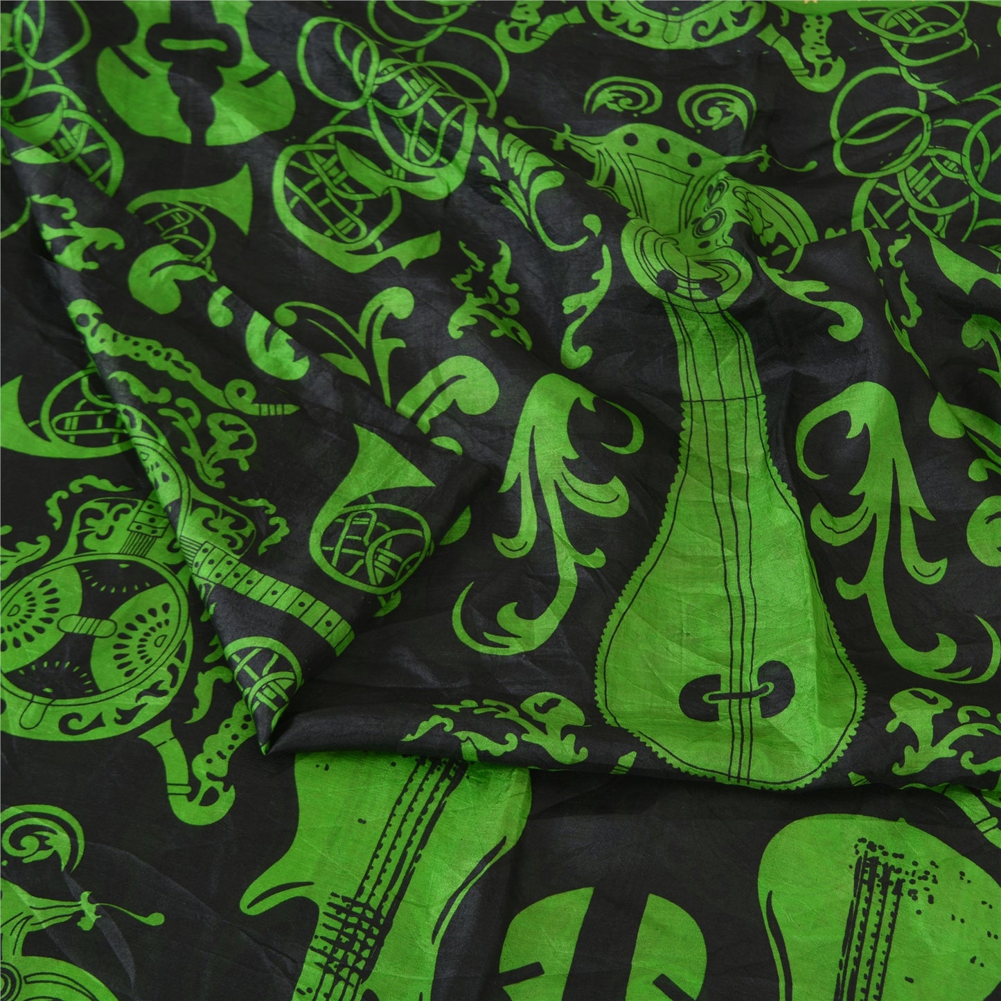 Sanskriti Vintage Sarees Black/Green Pure Silk MusicInstrument Print Sari Fabric