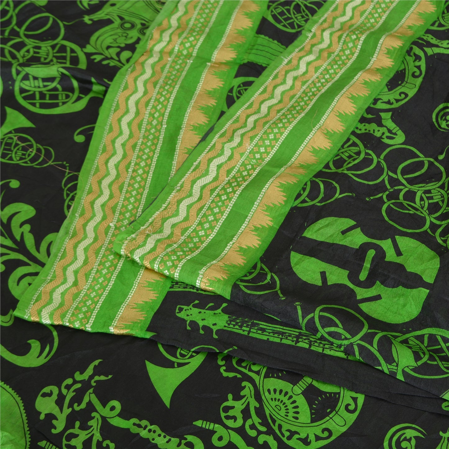 Sanskriti Vintage Sarees Black/Green Pure Silk MusicInstrument Print Sari Fabric