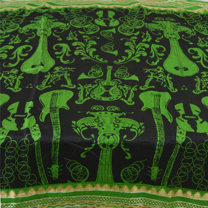 Sanskriti Vintage Sarees Black/Green Pure Silk MusicInstrument Print Sari Fabric