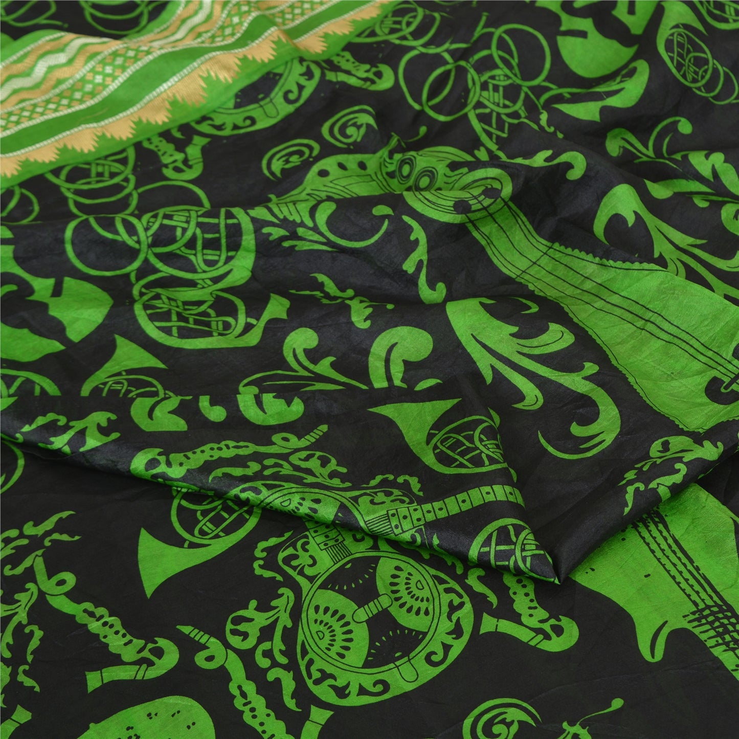 Sanskriti Vintage Sarees Black/Green Pure Silk MusicInstrument Print Sari Fabric