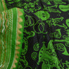 Sanskriti Vintage Sarees Black/Green Pure Silk MusicInstrument Print Sari Fabric