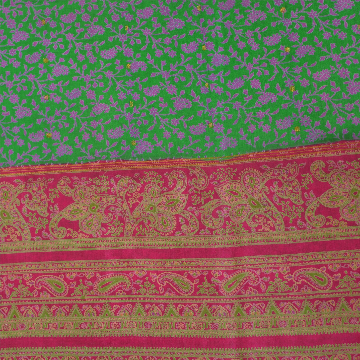 Sanskriti Vintage Sarees Green Zari Border Pure Silk Print Sari 5yd Craft Fabric