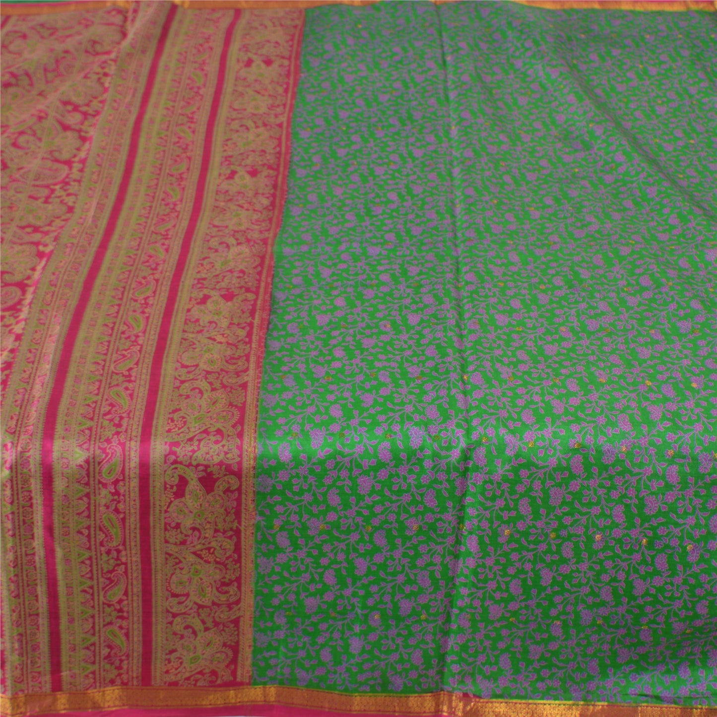 Sanskriti Vintage Sarees Green Zari Border Pure Silk Print Sari 5yd Craft Fabric