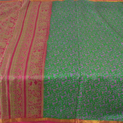 Sanskriti Vintage Sarees Green Zari Border Pure Silk Print Sari 5yd Craft Fabric