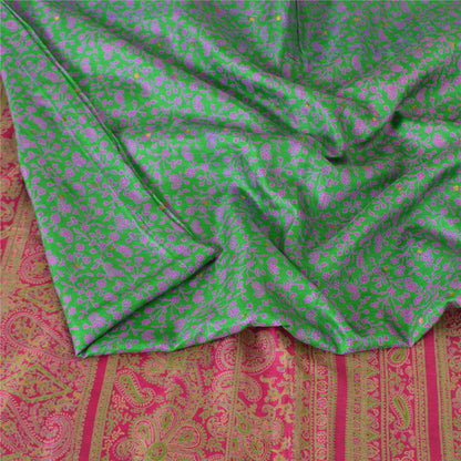 Sanskriti Vintage Sarees Green Zari Border Pure Silk Print Sari 5yd Craft Fabric