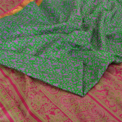 Sanskriti Vintage Sarees Green Zari Border Pure Silk Print Sari 5yd Craft Fabric