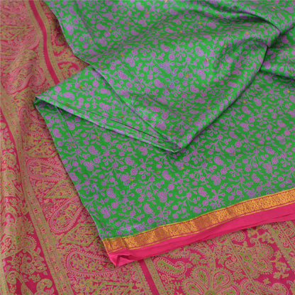 Sanskriti Vintage Sarees Green Zari Border Pure Silk Print Sari 5yd Craft Fabric