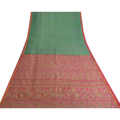 Sanskriti Vintage Sarees Green Zari Border Pure Silk Print Sari 5yd Craft Fabric