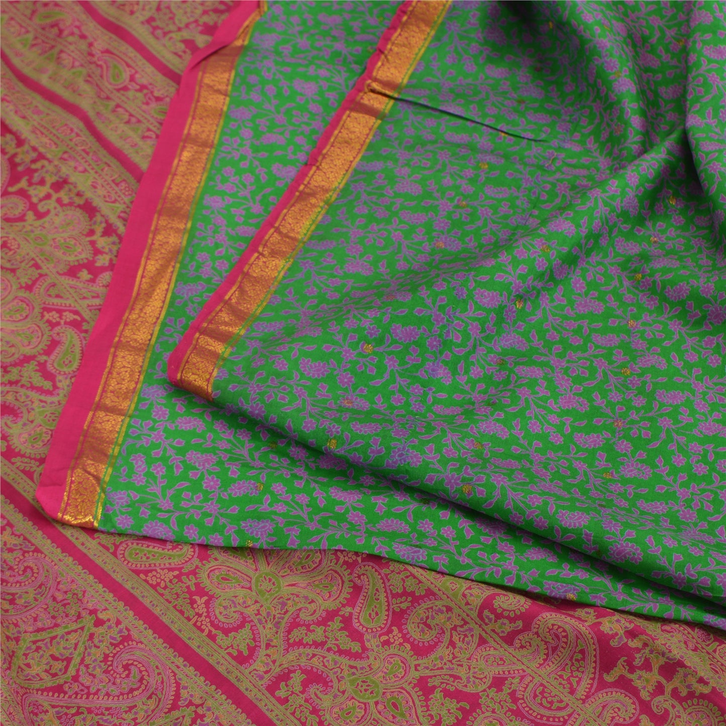 Sanskriti Vintage Sarees Green Zari Border Pure Silk Print Sari 5yd Craft Fabric