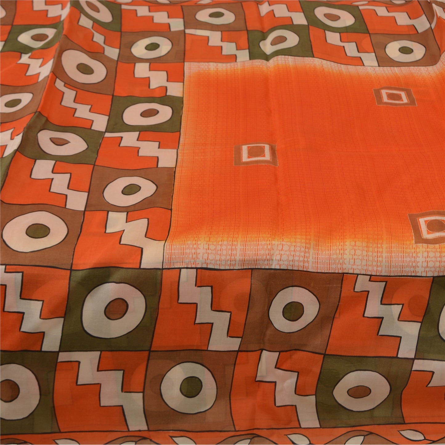 Sanskriti Vintage Sarees Indian Orange Pure Silk Geometric Print Sari 6yd Fabric