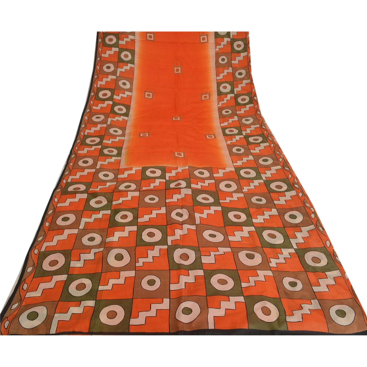 Sanskriti Vintage Sarees Indian Orange Pure Silk Geometric Print Sari 6yd Fabric