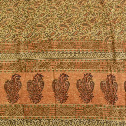 Sanskriti Vintage Sarees Indian Cream Pure Silk Printed Sari 5yd Craft Fabric