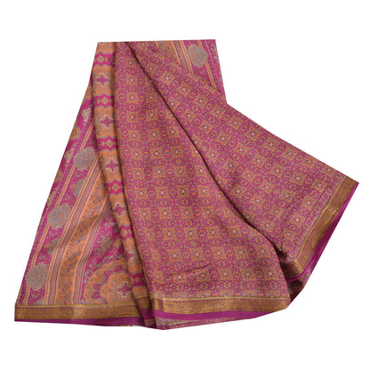 Sanskriti Vintage Sarees Indian Purple Pure Silk Printed Sari 5yd Craft Fabric