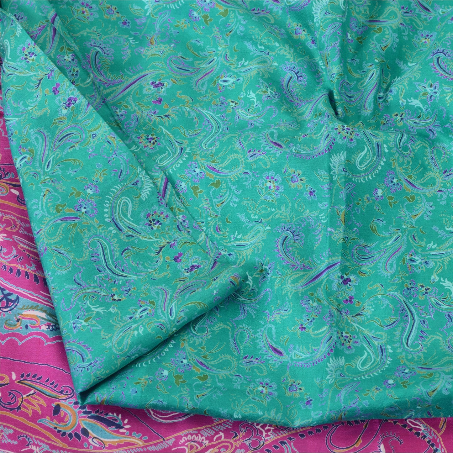 Sanskriti Vintage Sarees Green/Pink 100% Pure Silk Printed Sari 5yd Craft Fabric