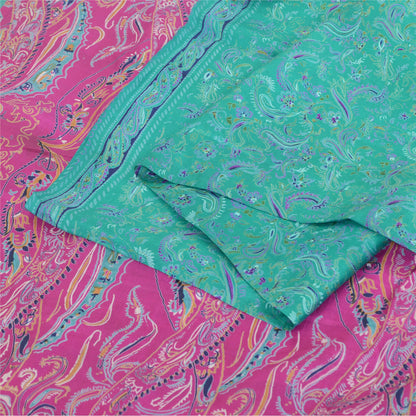 Sanskriti Vintage Sarees Green/Pink 100% Pure Silk Printed Sari 5yd Craft Fabric