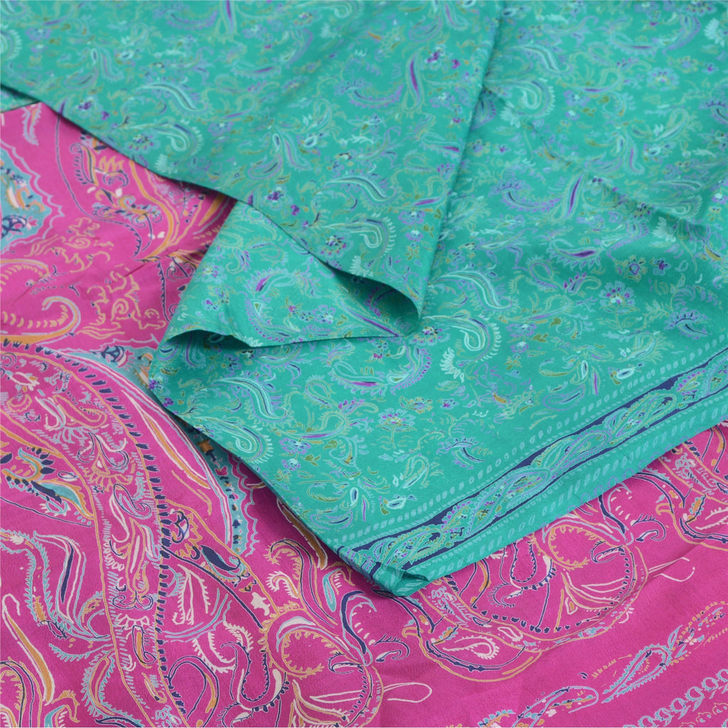 Sanskriti Vintage Sarees Green/Pink 100% Pure Silk Printed Sari 5yd Craft Fabric