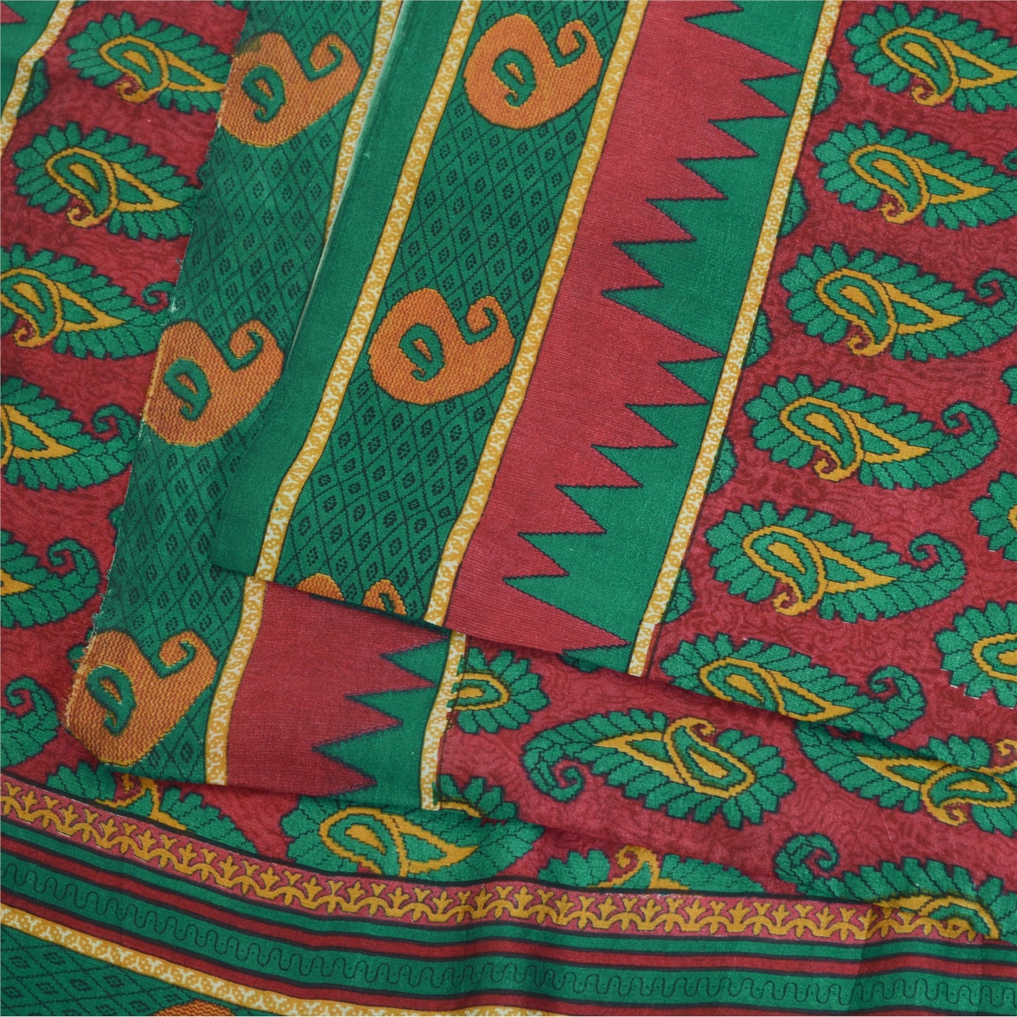 Sanskriti Vintage Sarees Red/Green 100% Pure Silk Printed Sari 5yd Craft Fabric