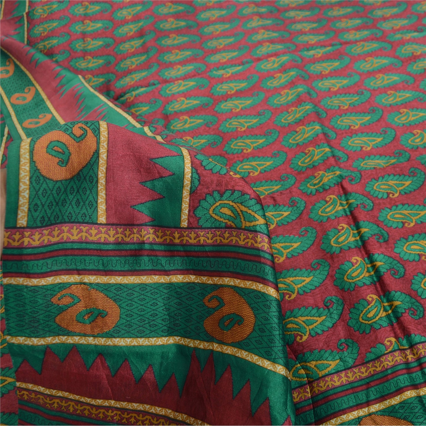 Sanskriti Vintage Sarees Red/Green 100% Pure Silk Printed Sari 5yd Craft Fabric