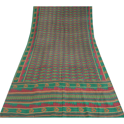 Sanskriti Vintage Sarees Red/Green 100% Pure Silk Printed Sari 5yd Craft Fabric