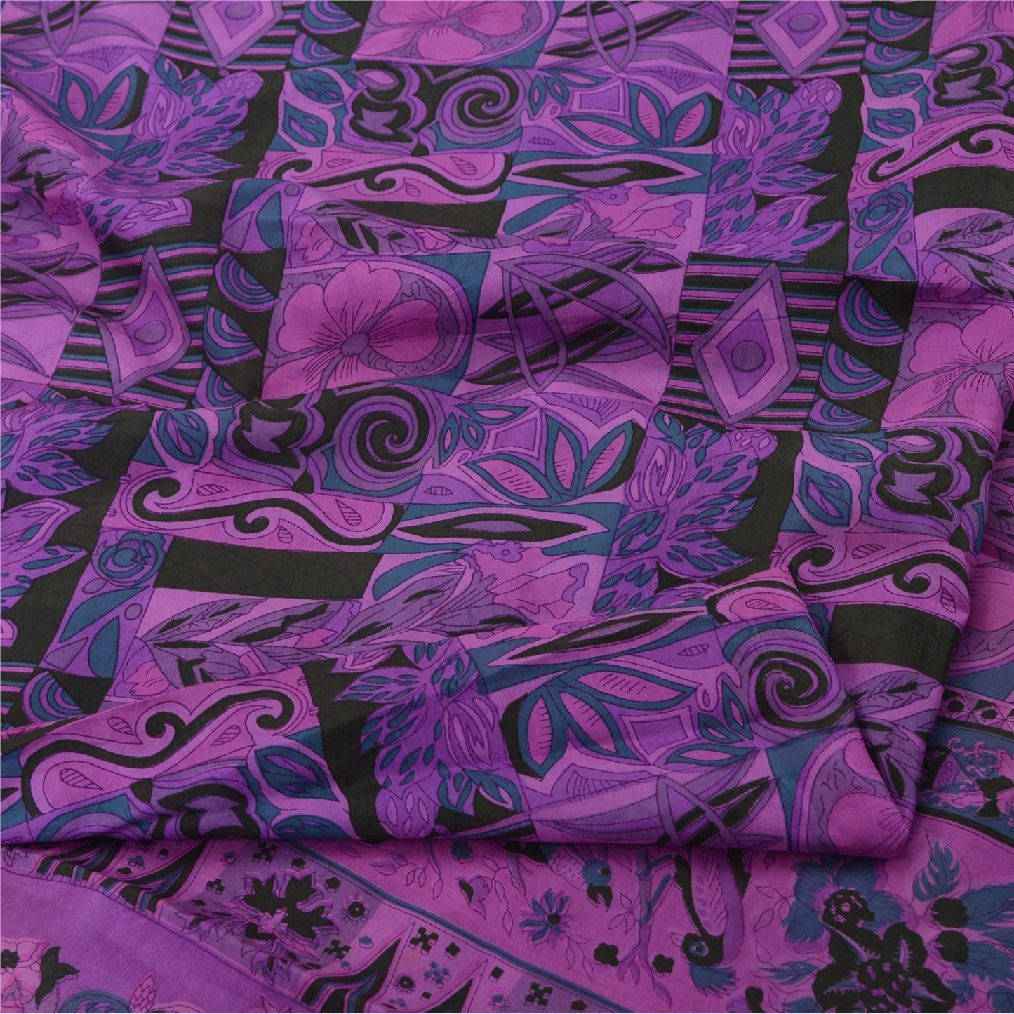 Sanskriti Vintage Sarees Purple Indian Pure Silk Printed Sari 5yd Craft Fabric