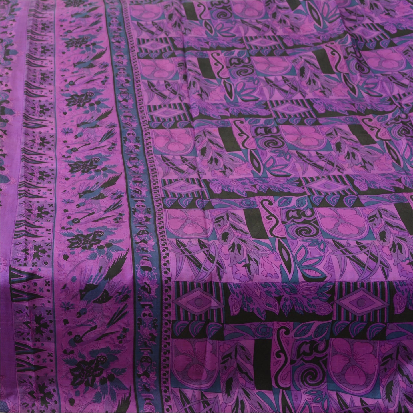 Sanskriti Vintage Sarees Purple Indian Pure Silk Printed Sari 5yd Craft Fabric