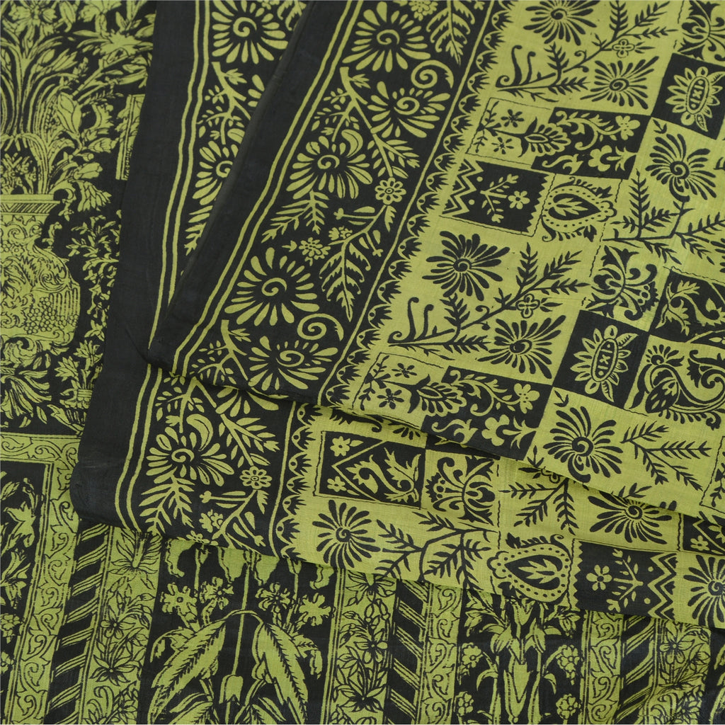 Sanskriti Vintage Sarees Green/Black Pure Silk Printed Sari 5yd Craft Fabric