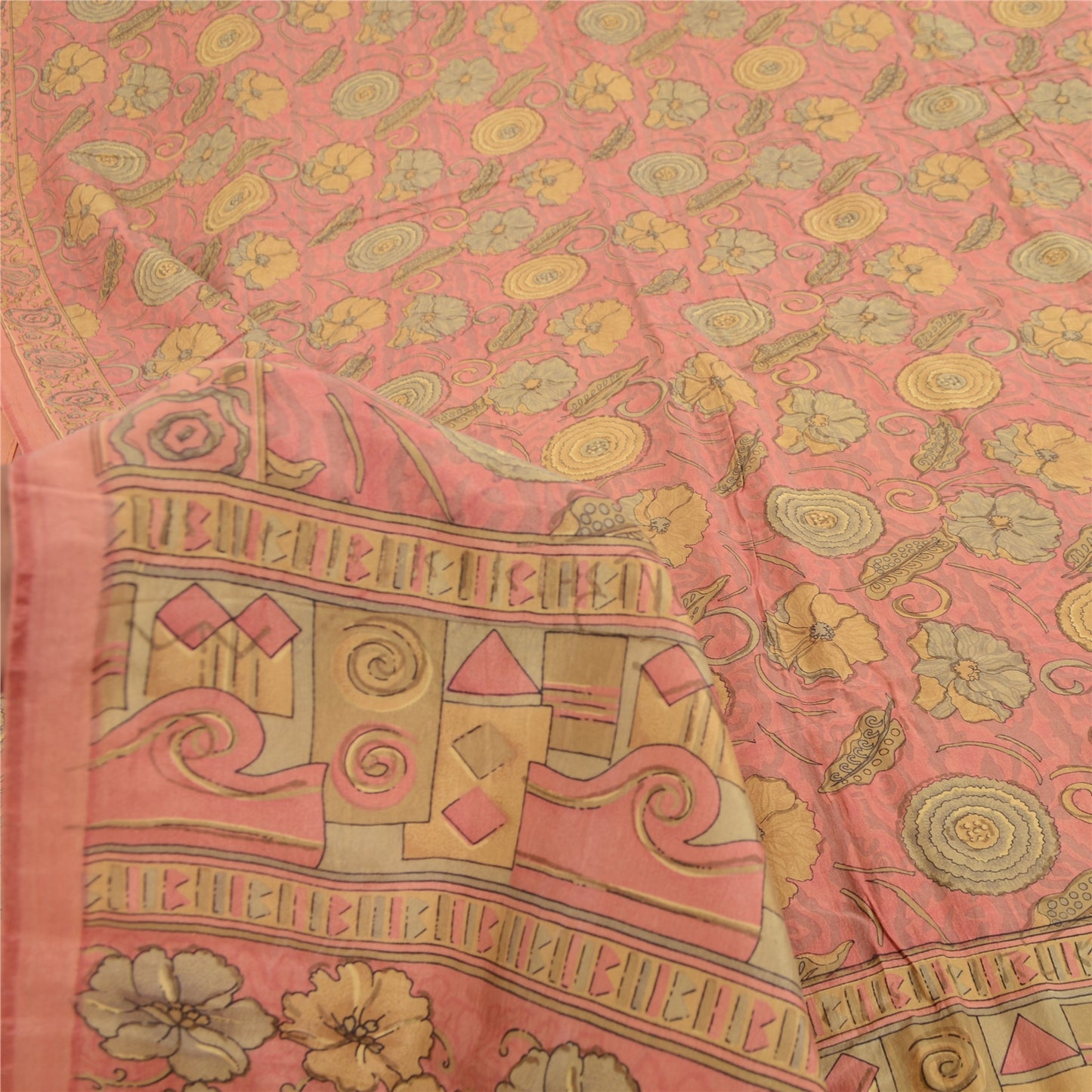 Sanskriti Vintage Sarees Dusty Pink Pure Silk Printed Sari 5yd Craft Fabric