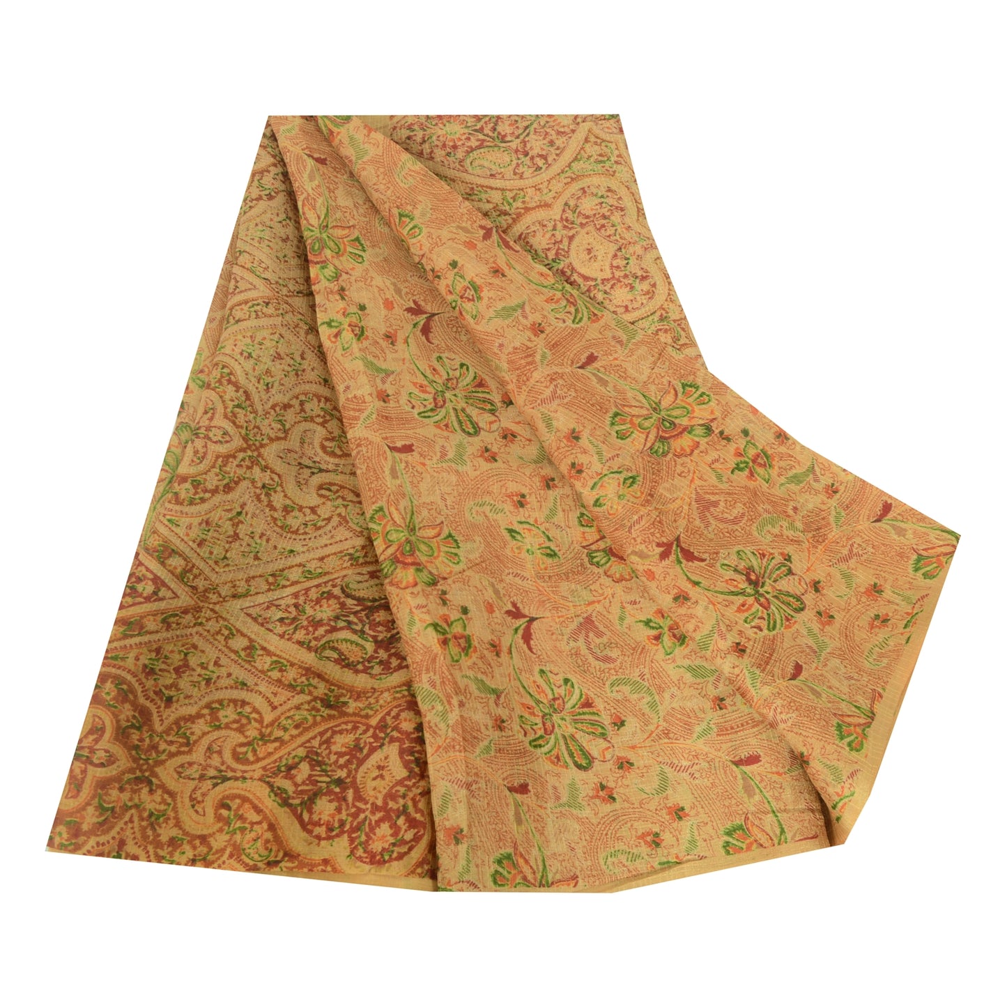 Sanskriti Vintage Sarees Cream Indian Pure Silk Printed Sari 5yd Craft Fabric