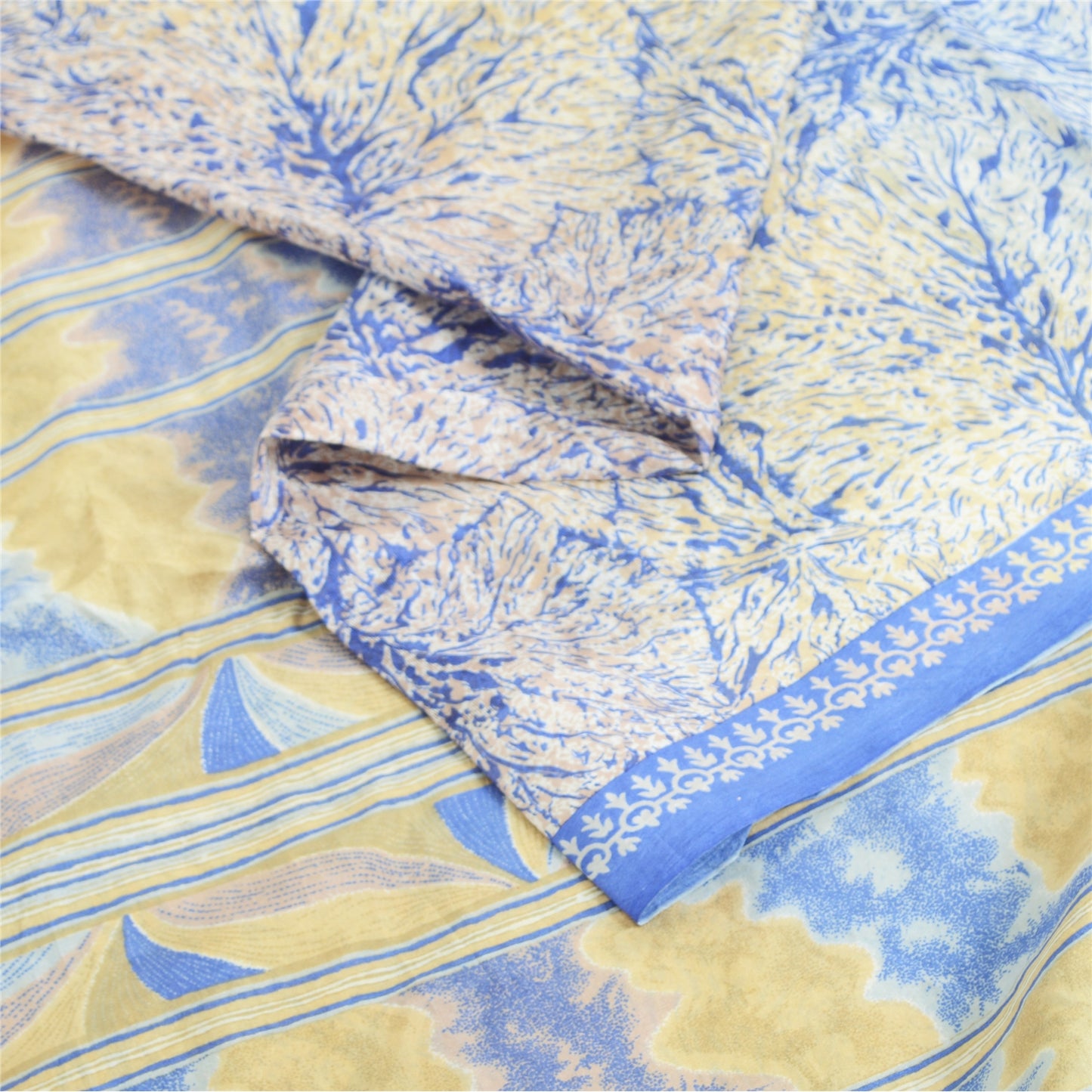 Sanskriti Vintage Sarees Blue Quilting Felting Craft Fabric Pure Silk Print Sari