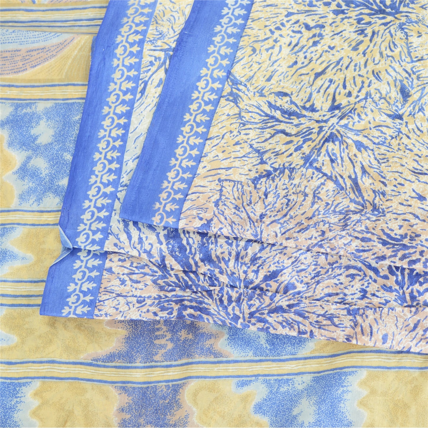 Sanskriti Vintage Sarees Blue Quilting Felting Craft Fabric Pure Silk Print Sari