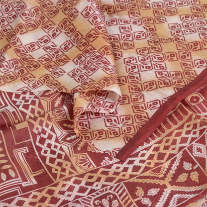 Sanskriti Vintage Sarees Red/Cream 100% Pure Silk Printed Sari 5yd Craft Fabric